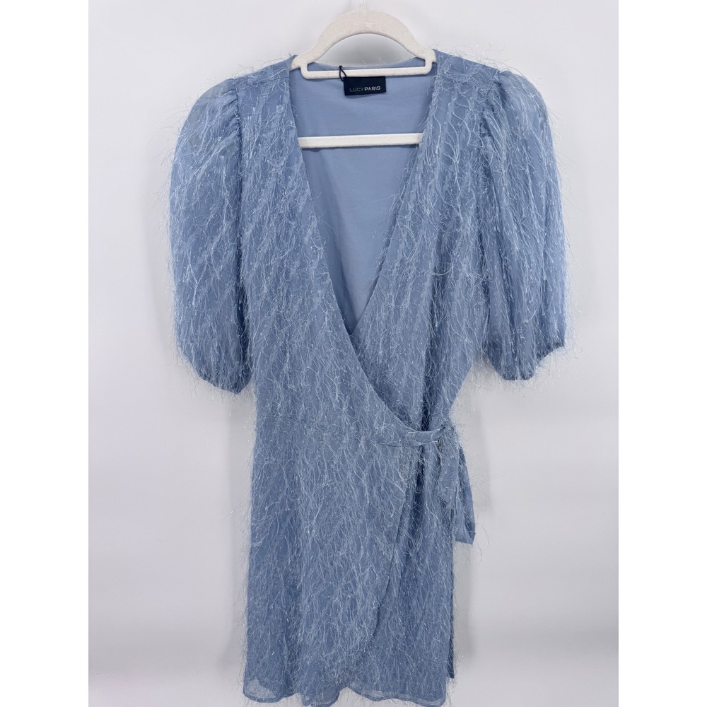 Lucy Paris Lennox Feather Mini Dress Wrap‎ Puff Sleeve DR5348-LTBLU Size S New